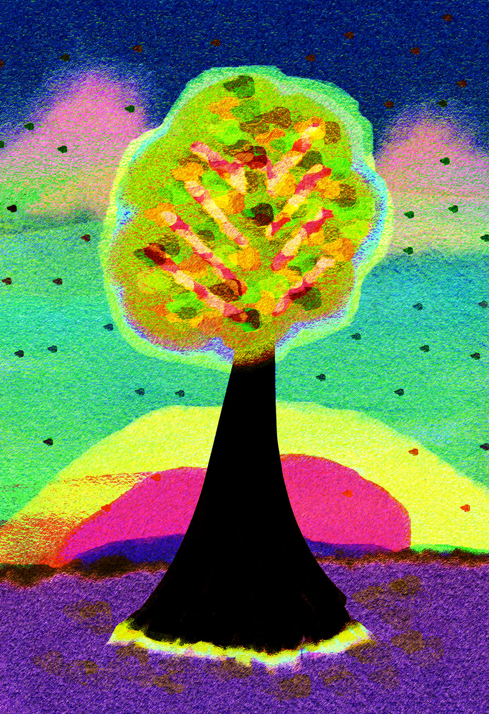 Four drawings of a tree, each showing a different season are overlaid on each other. The image has been heavily stylized in photoshop.