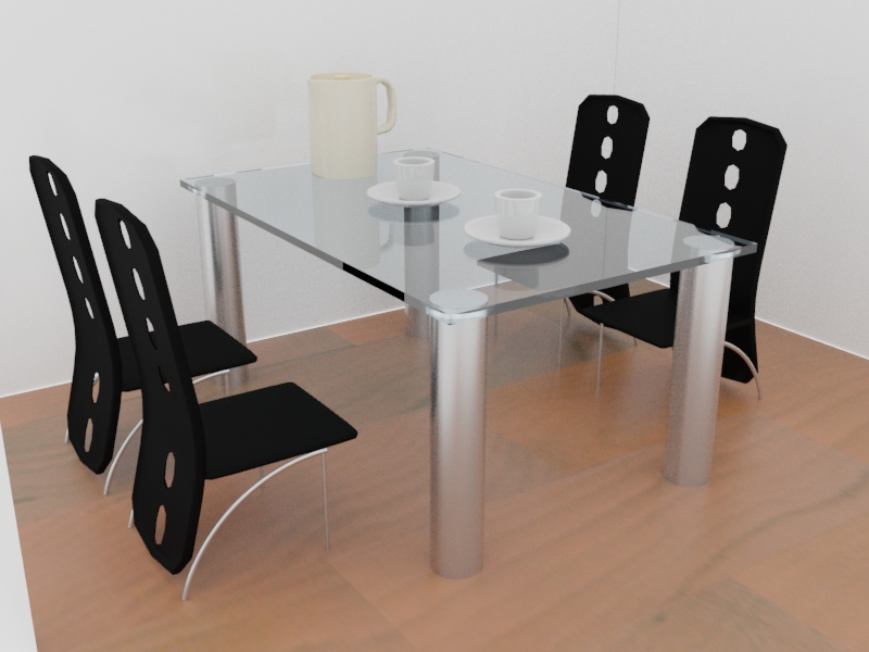 A glass table with four chairs around it. On top of the table is a pitcher and two cups.